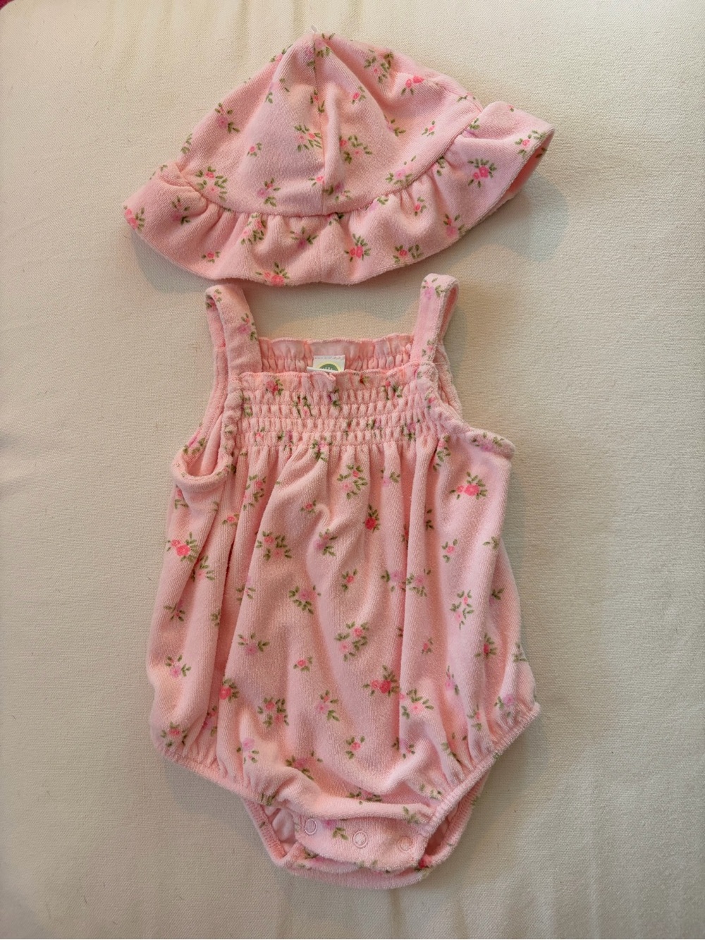 Little Me Pink Floral Bubble Romper with Matching Sun Hat